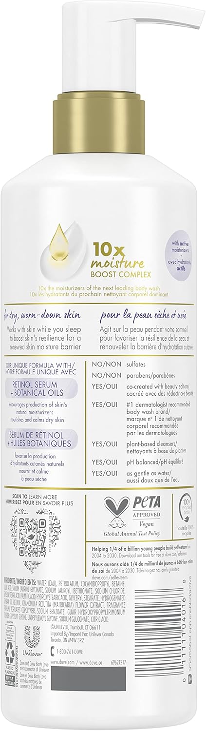 Dove Body Love Night Recovery Body Cleanser, with Retinol Serum & Botanical Oils, for Dry & Worn-Down Skin, 517 mL