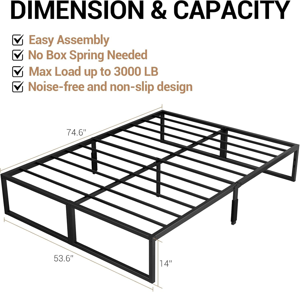 Full Bed Frame, 14 Inch Full Size Metal Platform Bed, 2000 lbs Capacity, Metal Bed Frame No Box