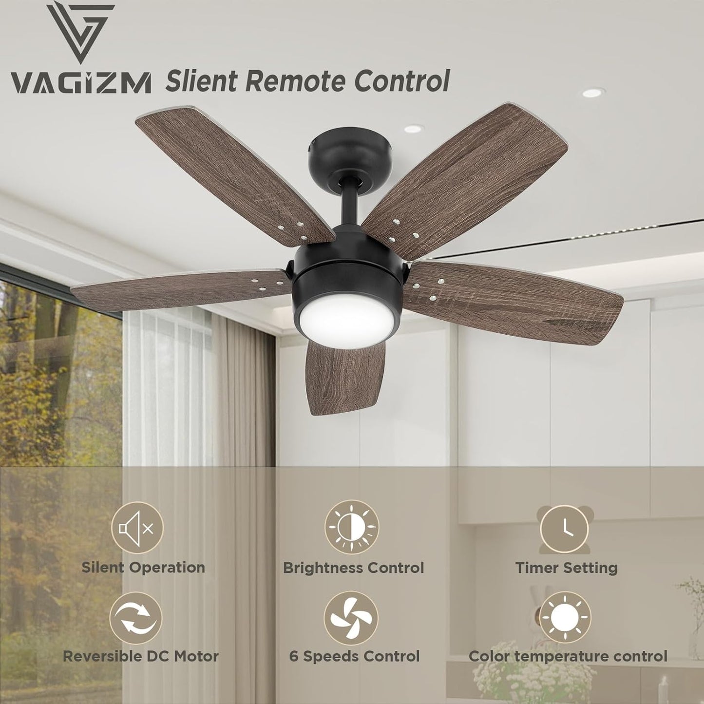 VAGIZM Ceiling Fan 36'' for Small Room: Modern Ceiling Fans with Light Remote Control - Reversible Quiet DC Motor Dimmable with 6 Speeds for Dorm Room Kids Bedroom(Bronze+Walnut)
