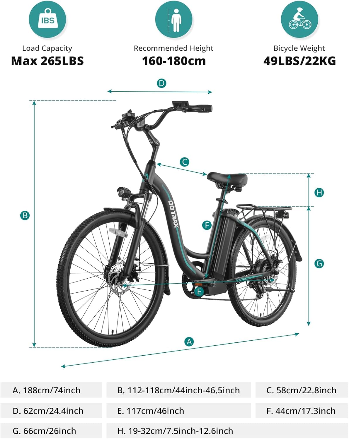 Gotrax E06 26" Step -Thru Electric Bike for Adults, Max 88km & 25km/h Speed