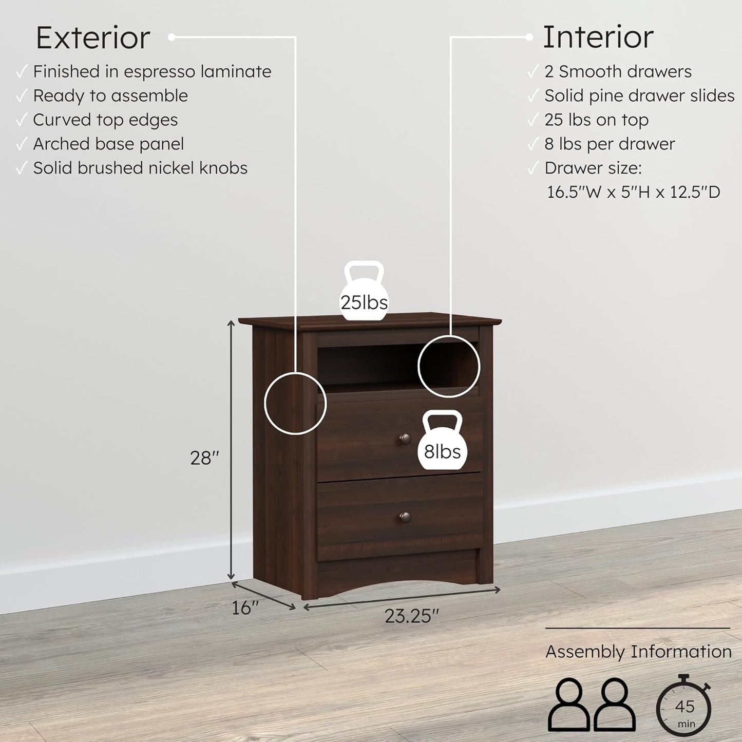 Prepac Fremont 2-Drawer Nightstand – Espresso