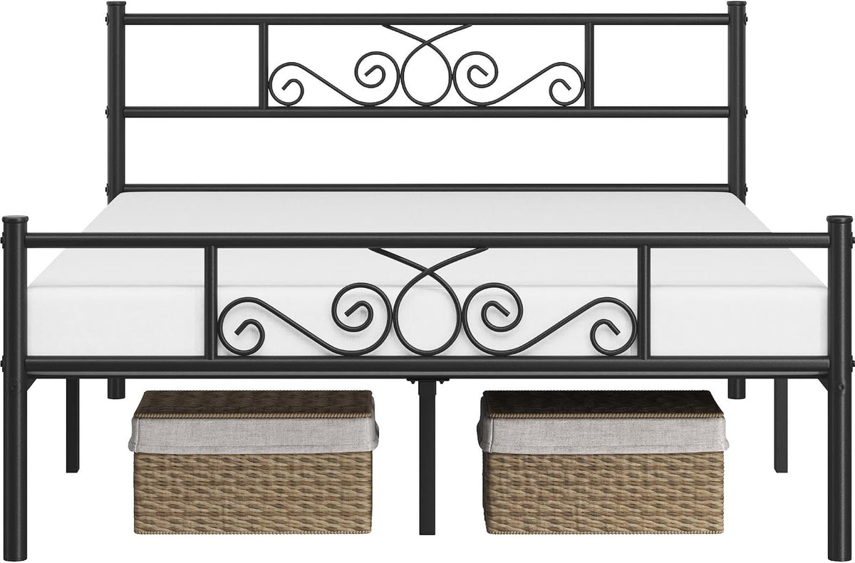 Full Metal Bed Frames Black No Box Spring Needed Easy Assembly | Classic Metal Flower Design