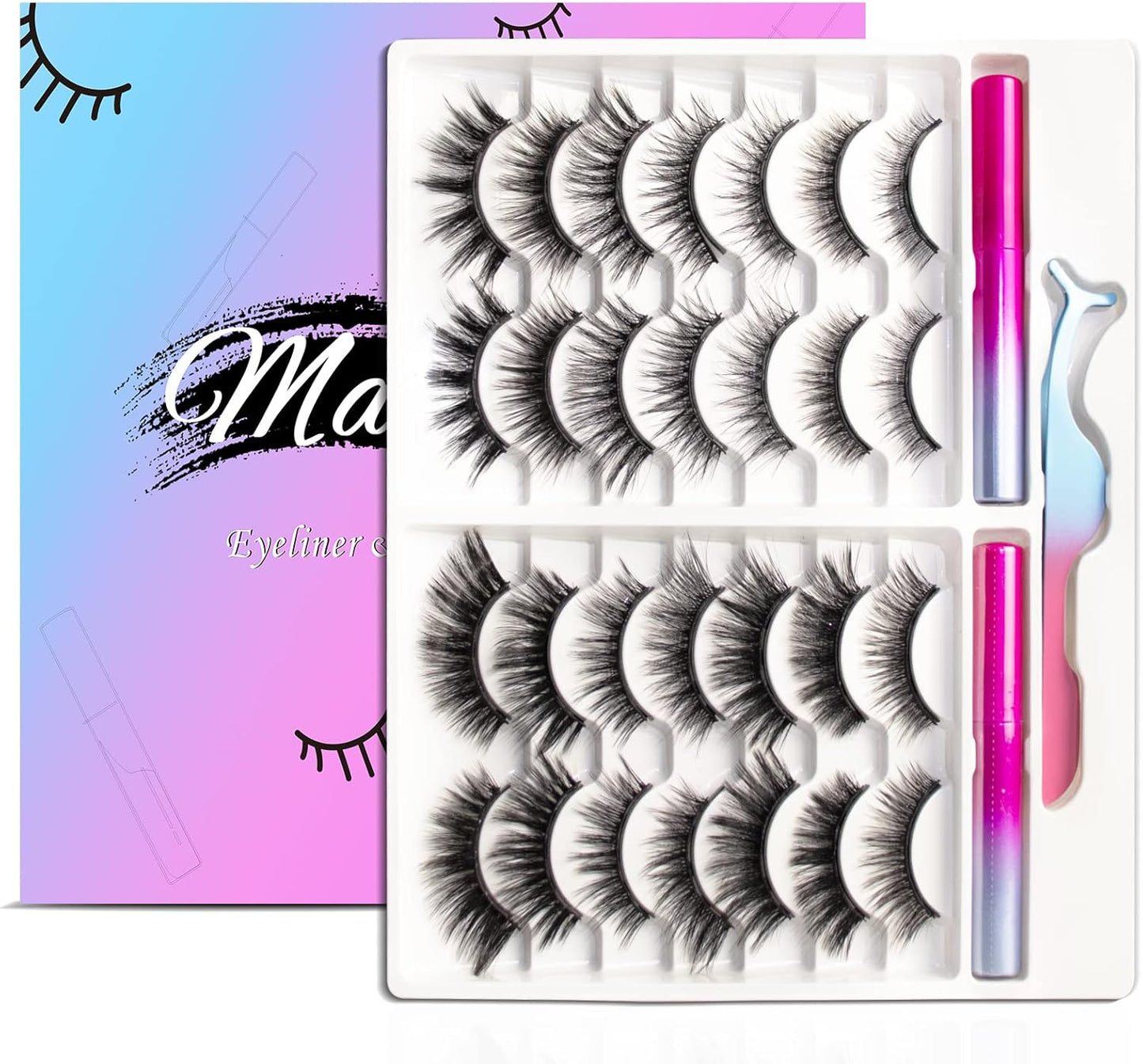 Magnetic Eyelashes Kit - Long Lasting & Reusable Lashes, Natural Look, 14 Pairs False Eyelashes with Magnetic Eyeliner & Tweezers, Easy to Wear, No Glue Needed
