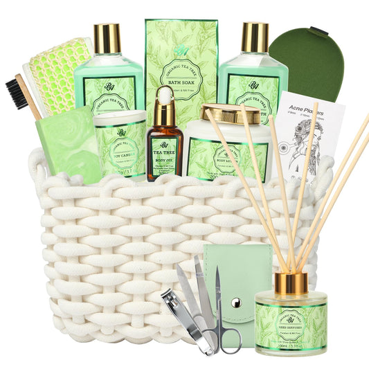 Spa Gift Set for Women, 15pcs Spa Basket Set -Tea Tree Scented- includes Body Wash, Bubble Bath, Bath Soak, Manicure Set, Gifts for Mom, Birthday Gifts for women, Home Spa Kit Gift for Her