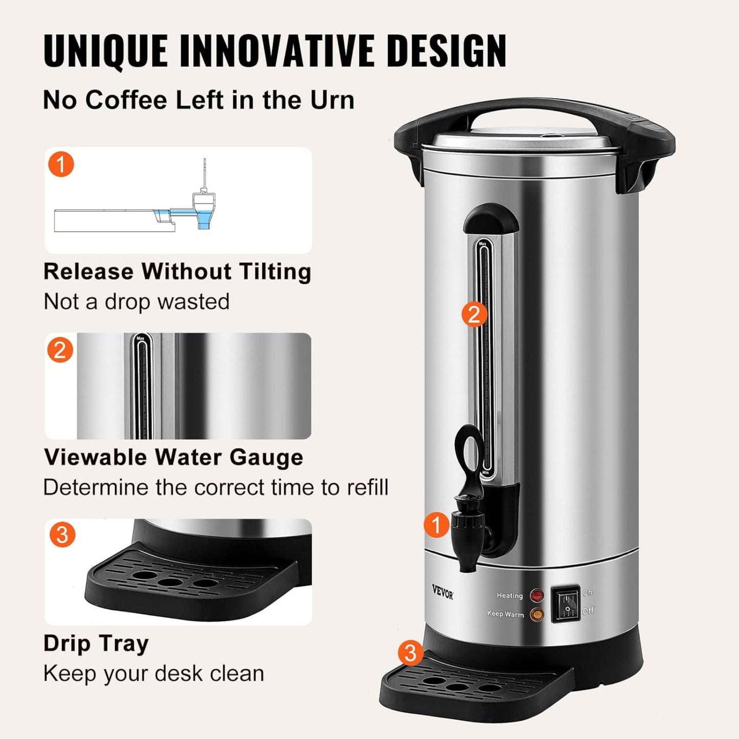 Commercial Coffee Urn, 65 Cups Stainless Steel Large Coffee Dispenser, 1500W 110V Electric Coffee Maker Urn