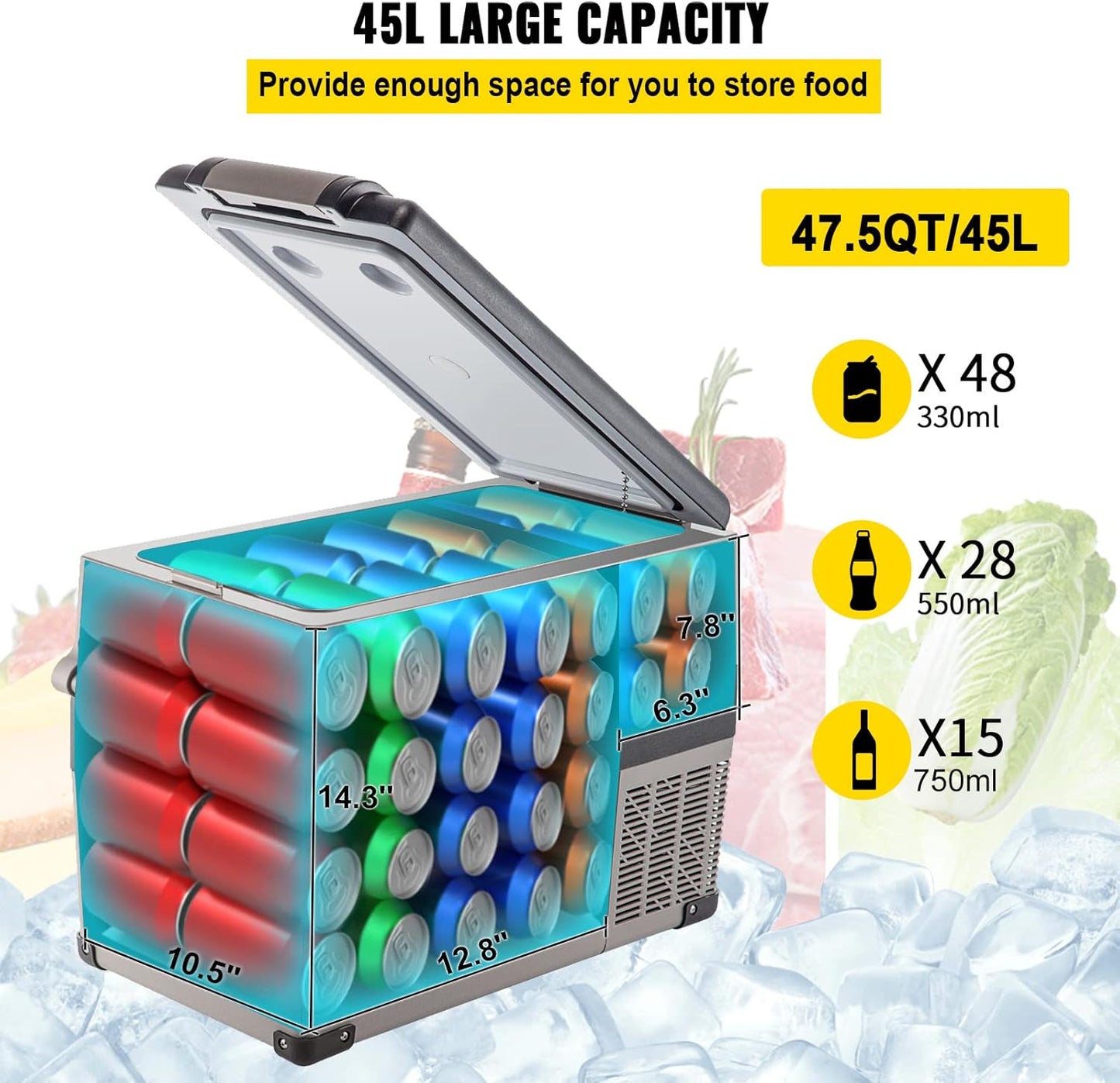 VEVOR 45L Portable Car Refrigerator 48 Quart LG Compact RV Fridge 12/24V DC & 110-240V AC Vehicle Car Truck Boat Mini Electric Freezer for Driving Travel Fishing Outdoor and Home Use -4°F-68°F