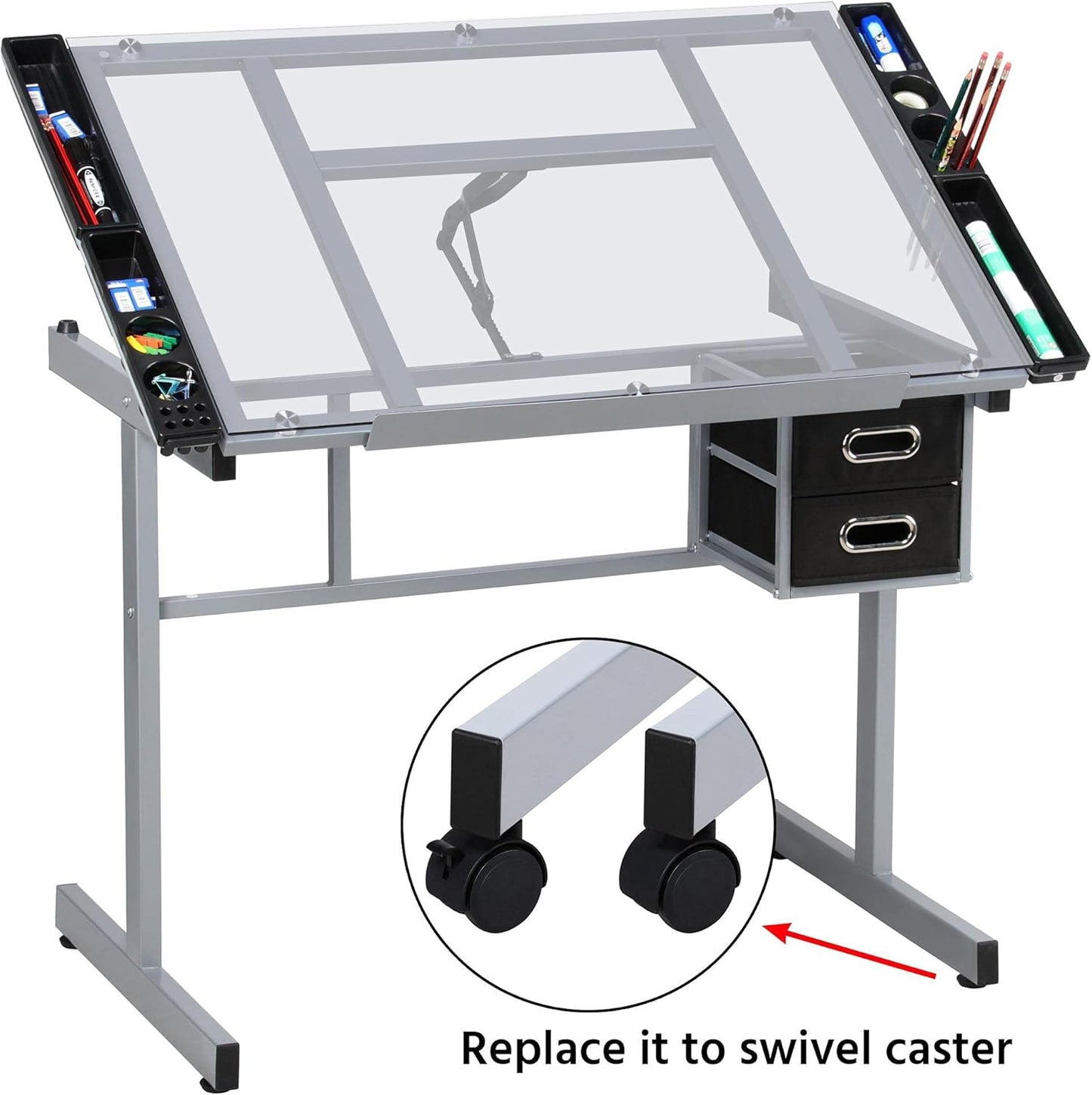 Adjustable Glass Drafting Table / Drawing Desk – Art & Craft Station w/ Wheels + Drawers