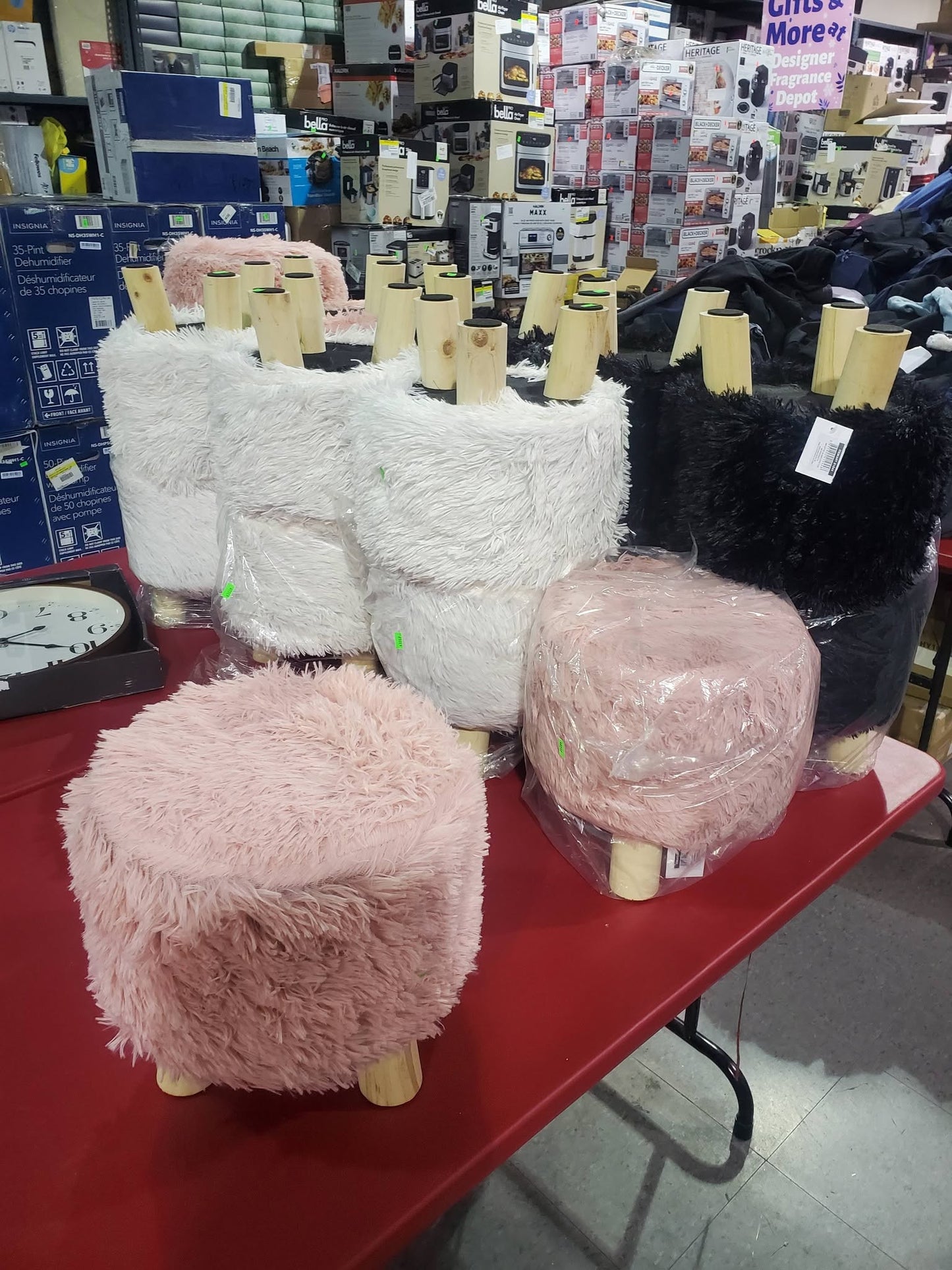 Round Foot Stool with Wooden Legs – Pink, Black & White