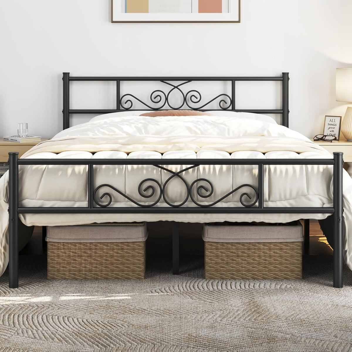 Full Metal Bed Frames Black No Box Spring Needed Easy Assembly | Classic Metal Flower Design
