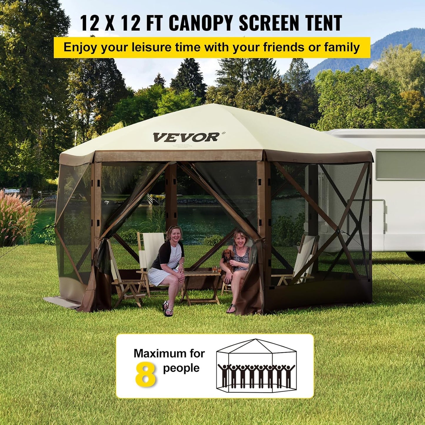 VEVOR 12' x 12' Camping Gazebo Tent – 6‑Sided Pop‑Up Screen Shelter
