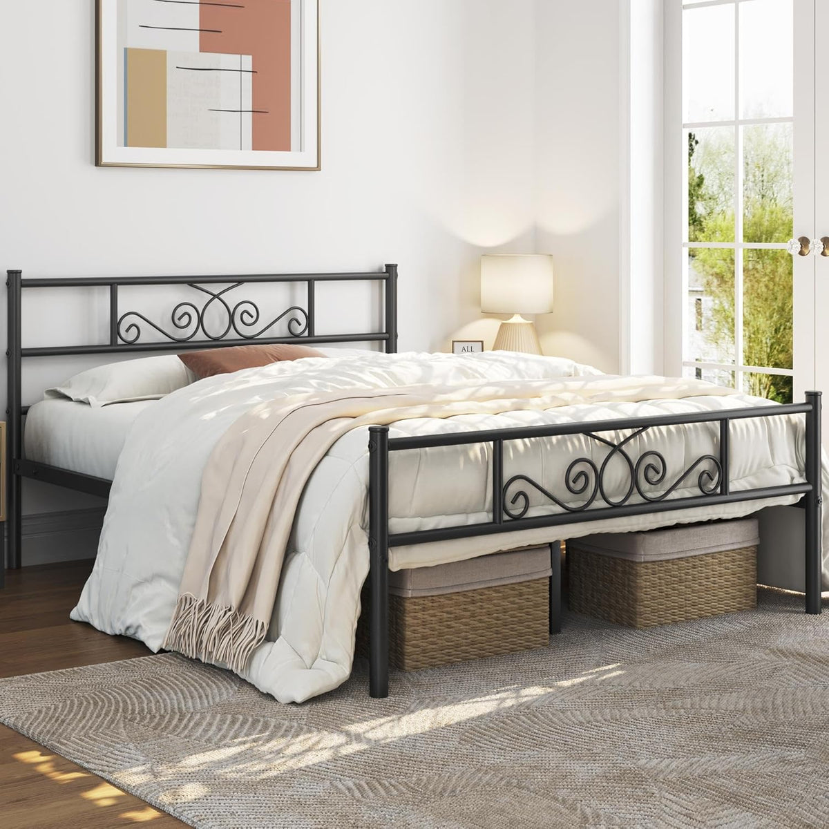 Full Metal Bed Frames Black No Box Spring Needed Easy Assembly | Classic Metal Flower Design