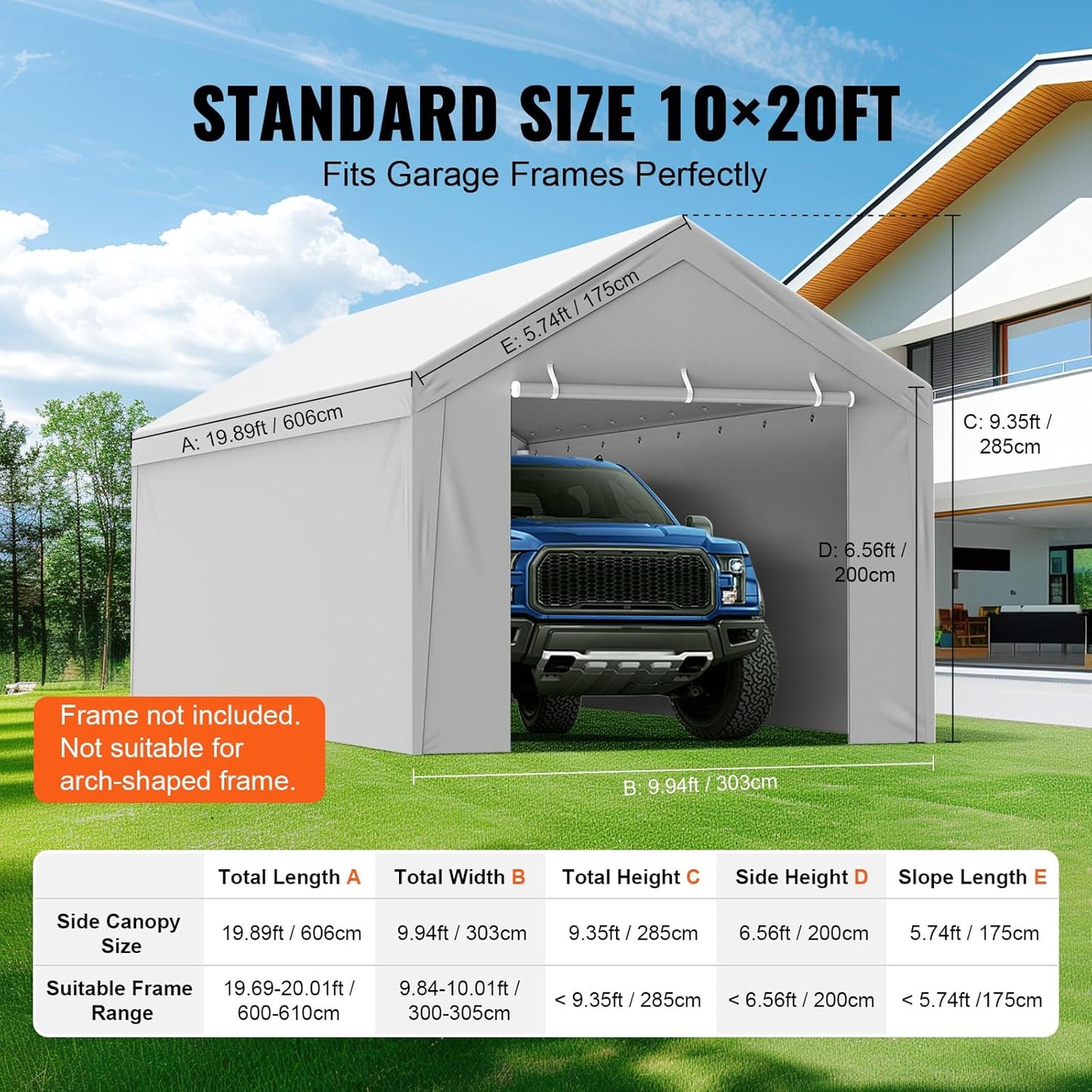 Carport Replacement Canopy Cover Top + Side Wall 10 x 20 ft, Garage Tent Shelter Tarp Heavy-Duty Waterproof & UV Protected, Easy Installation (Frame Not Included)