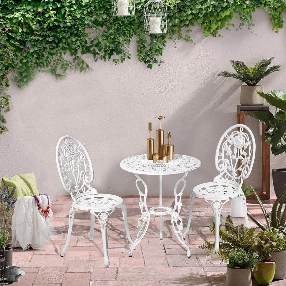 HOMEFUN Bistro Table and Chairs Set of 2 Outdoor 3 Patio Set, Rose White
