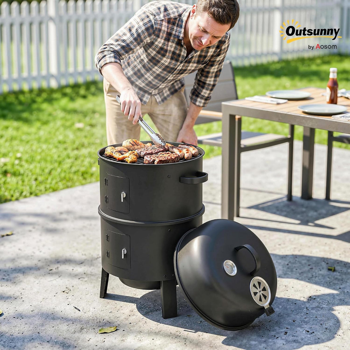 3-in-1 Vertical Charcoal Smoker, 2 Grill Grates, Adjustable Vent
