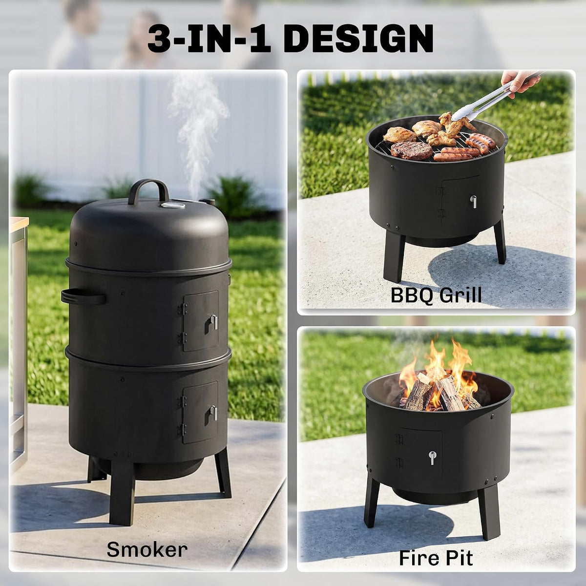 3-in-1 Vertical Charcoal Smoker, 2 Grill Grates, Adjustable Vent