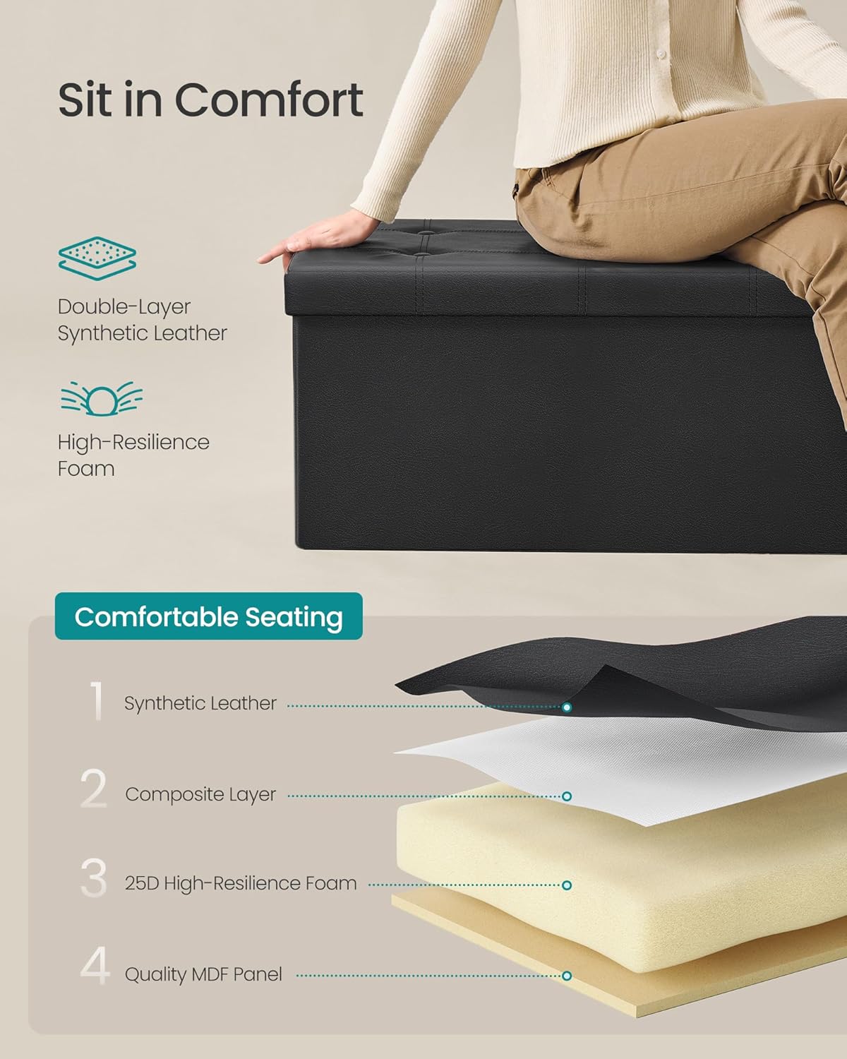 30 Inches Folding Storage Ottoman Bench, Faux Leather Storage Chest, Ottoman