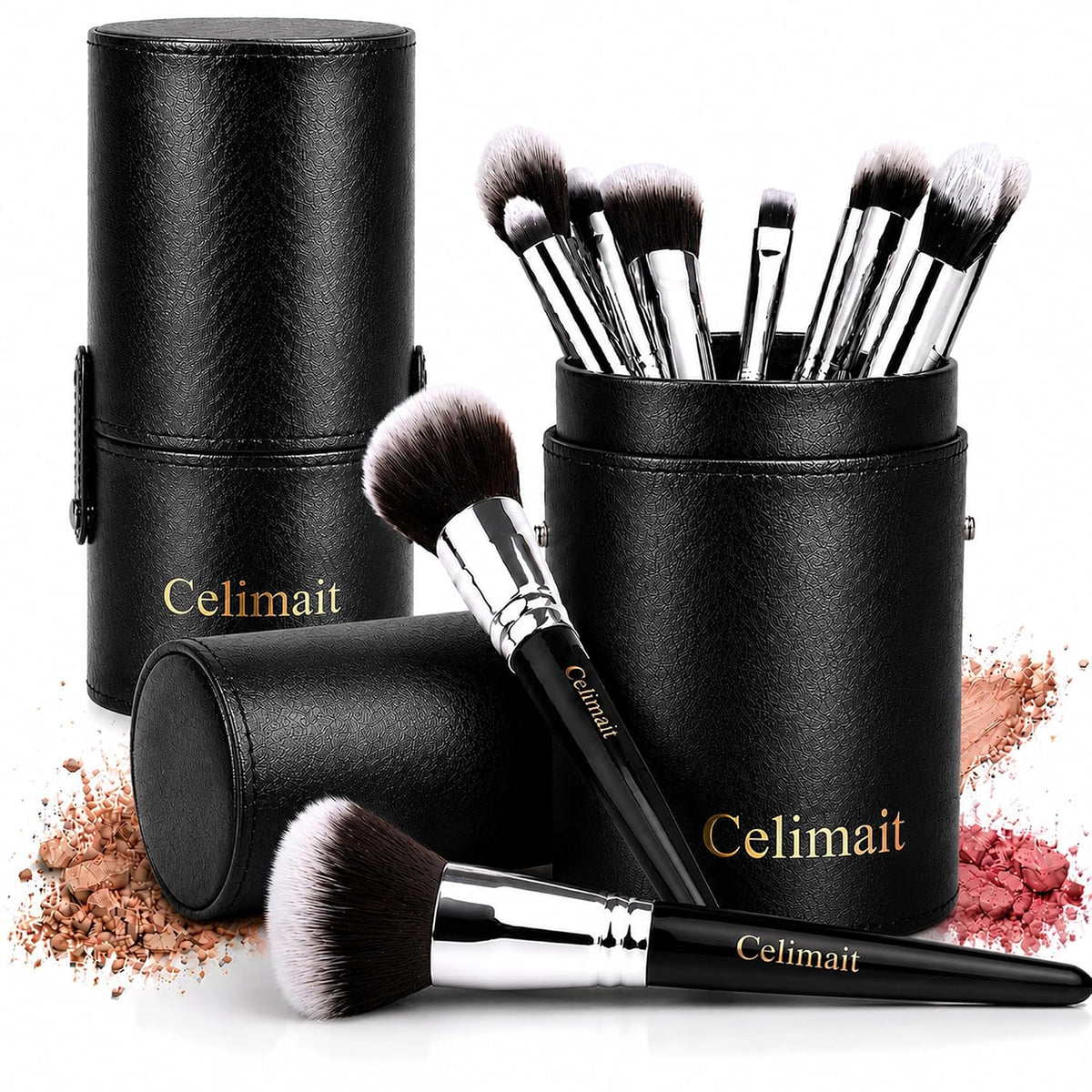 Makeup Brush Set with Case, Synthetic Bristles, Wood Handle, 12 Pcs