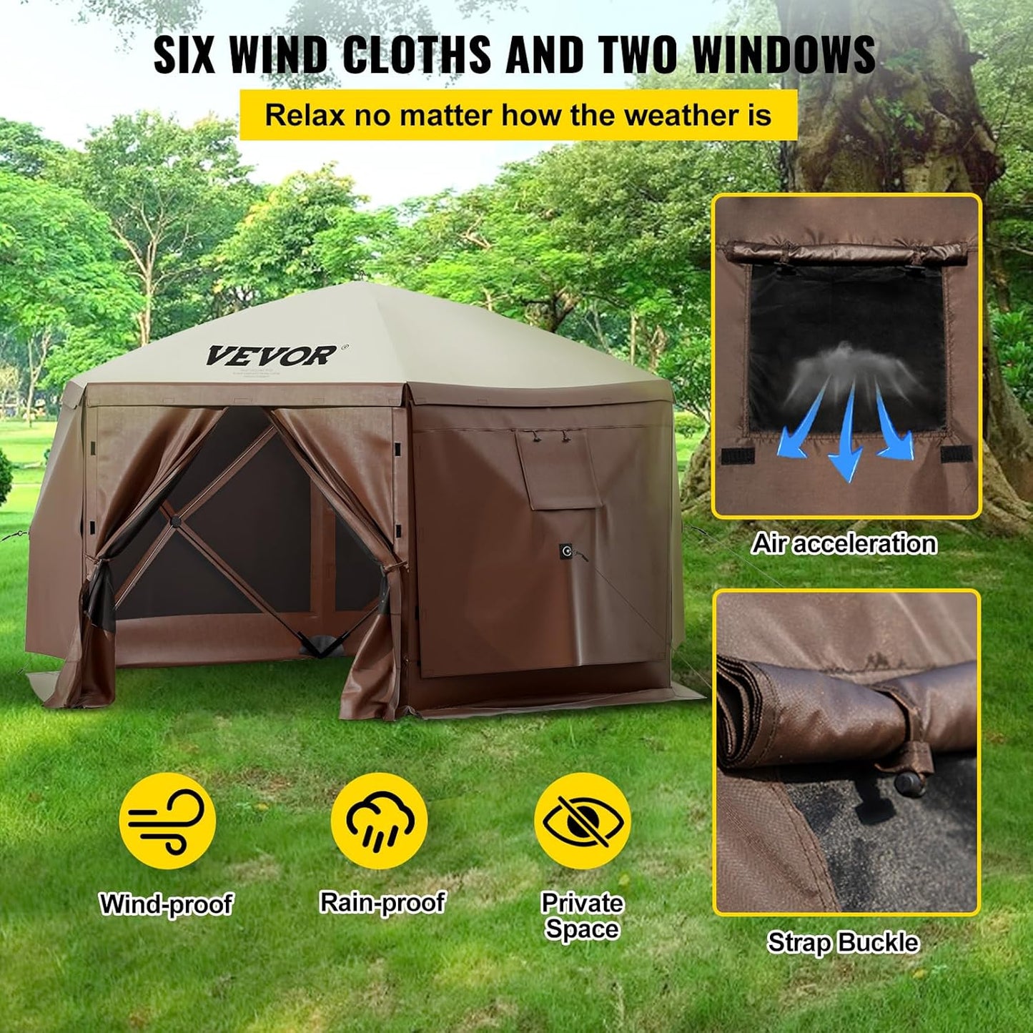 VEVOR 12' x 12' Camping Gazebo Tent – 6‑Sided Pop‑Up Screen Shelter