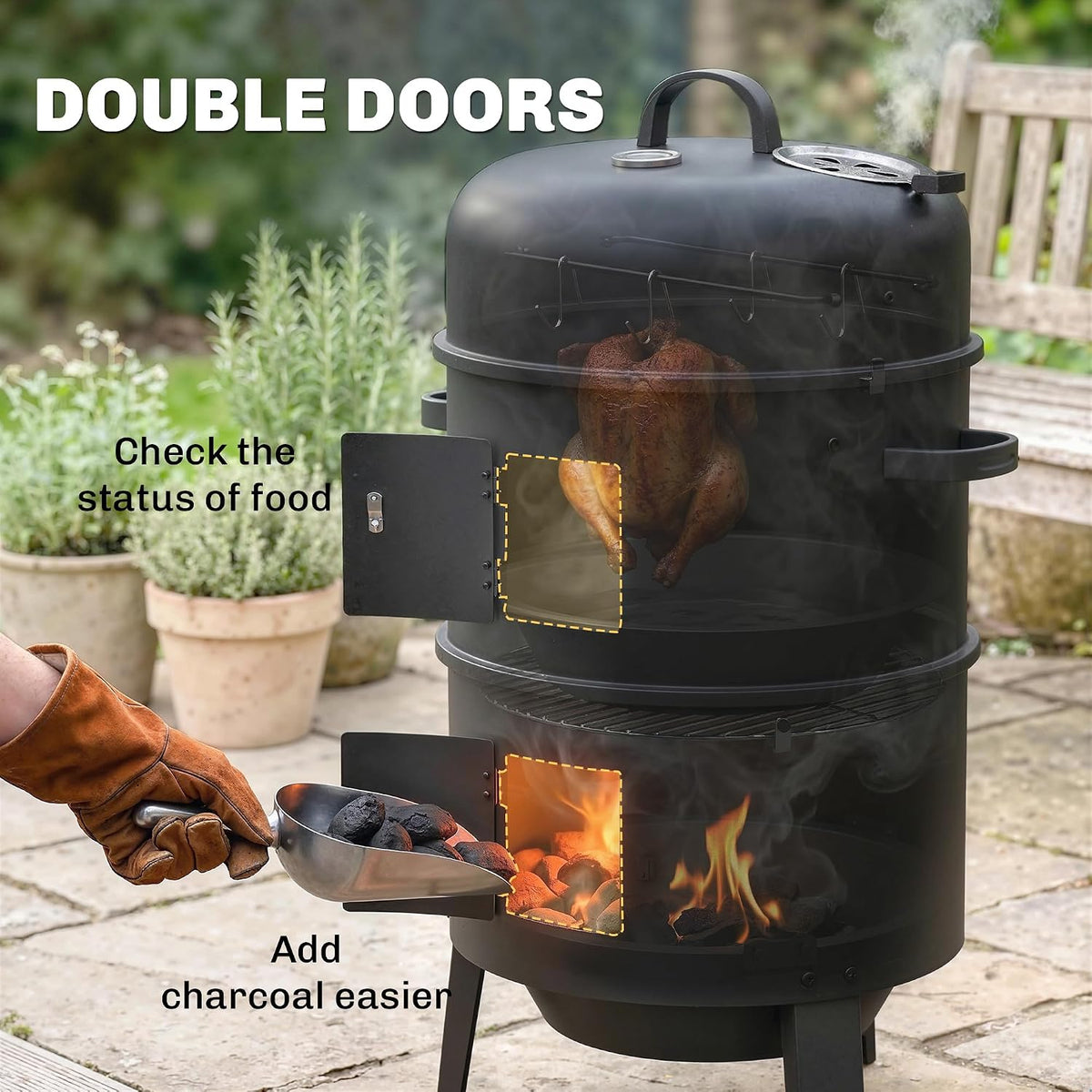 3-in-1 Vertical Charcoal Smoker, 2 Grill Grates, Adjustable Vent