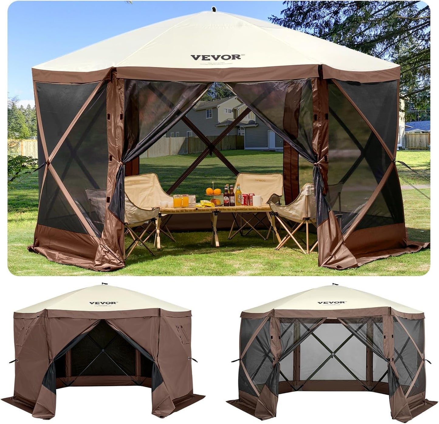 VEVOR 12' x 12' Camping Gazebo Tent – 6‑Sided Pop‑Up Screen Shelter