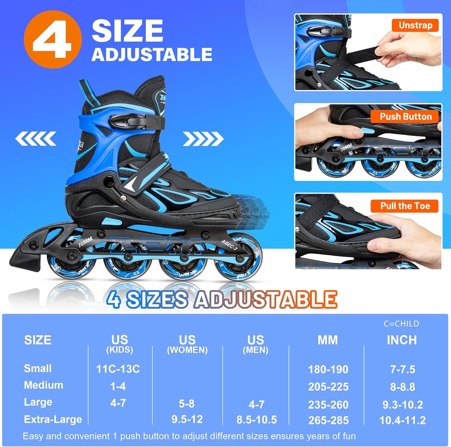 2PM SPORTS Vinal Girls Adjustable Flashing Inline Skates, All Wheels Light Up, Fun Illuminating Skates for Kids Men Adult Women and Boys