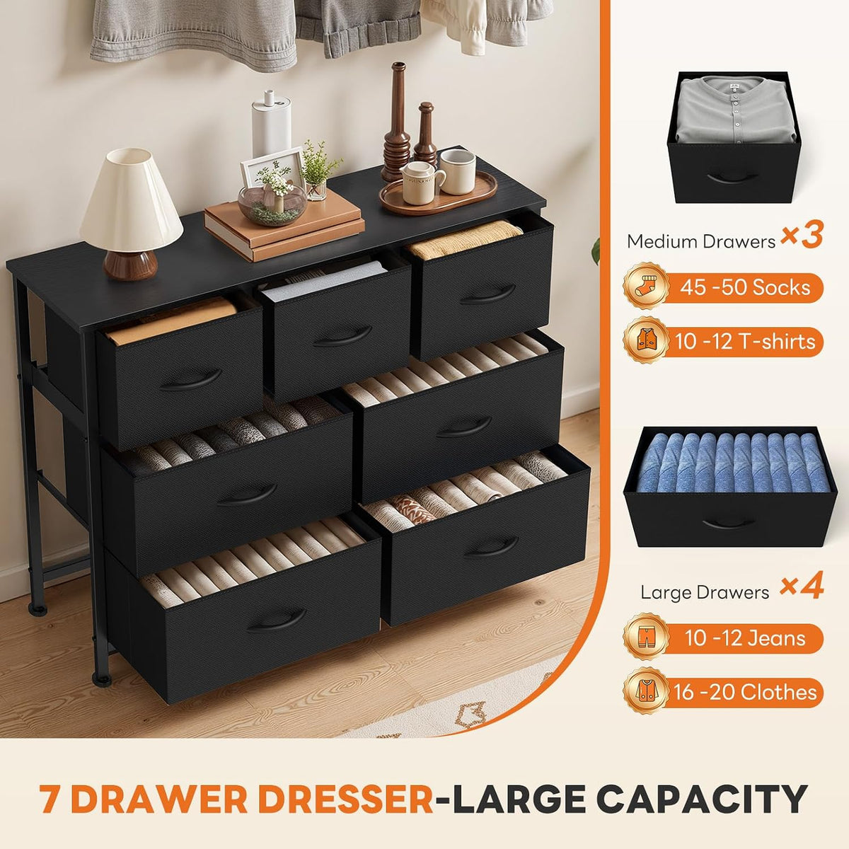 7 Drawer Dresser with Fabric Bins Fabric Storage Tower Organizer