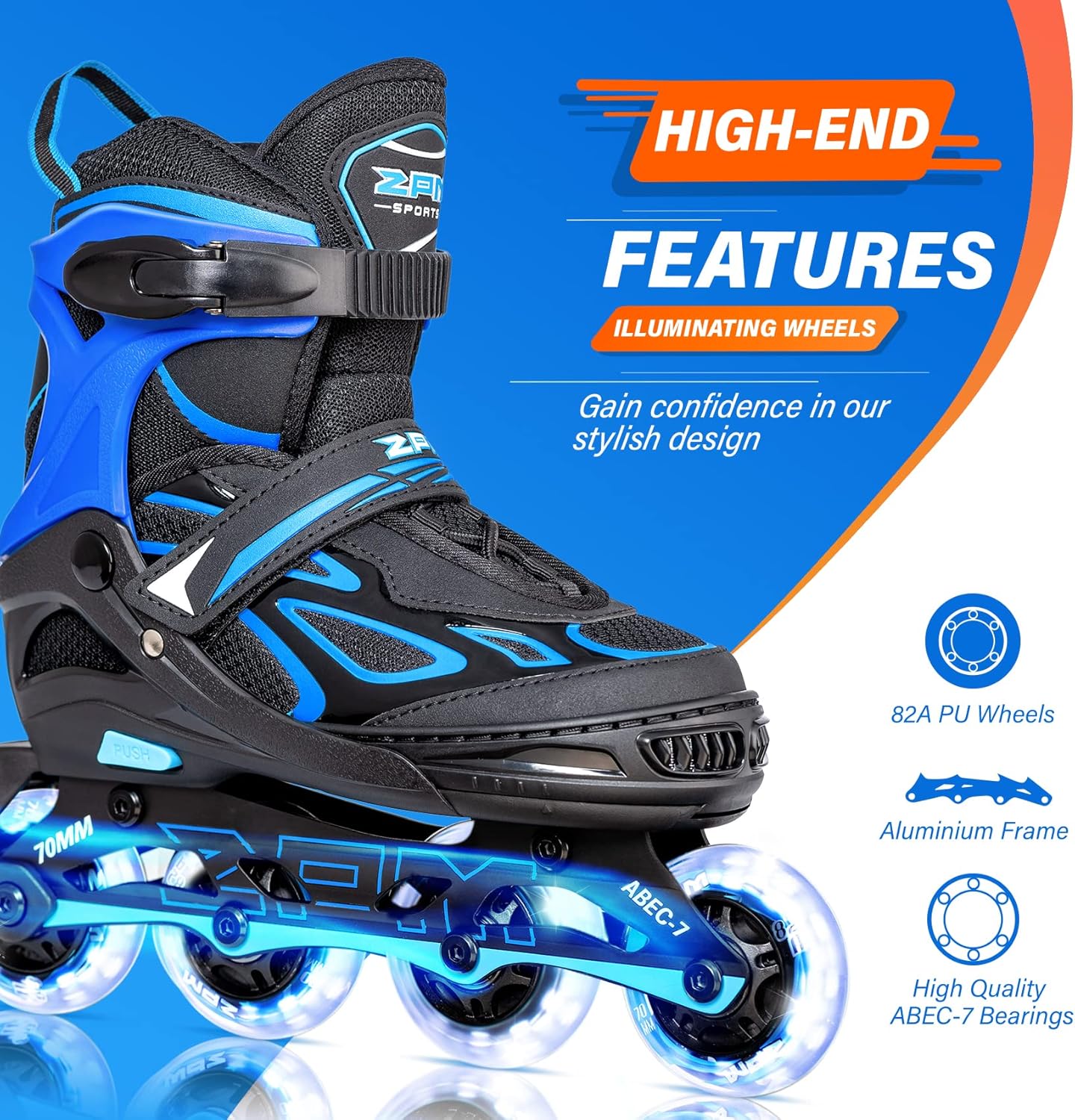 2PM SPORTS Vinal Girls Adjustable Flashing Inline Skates, All Wheels Light Up, Fun Illuminating Skates for Kids Men Adult Women and Boys