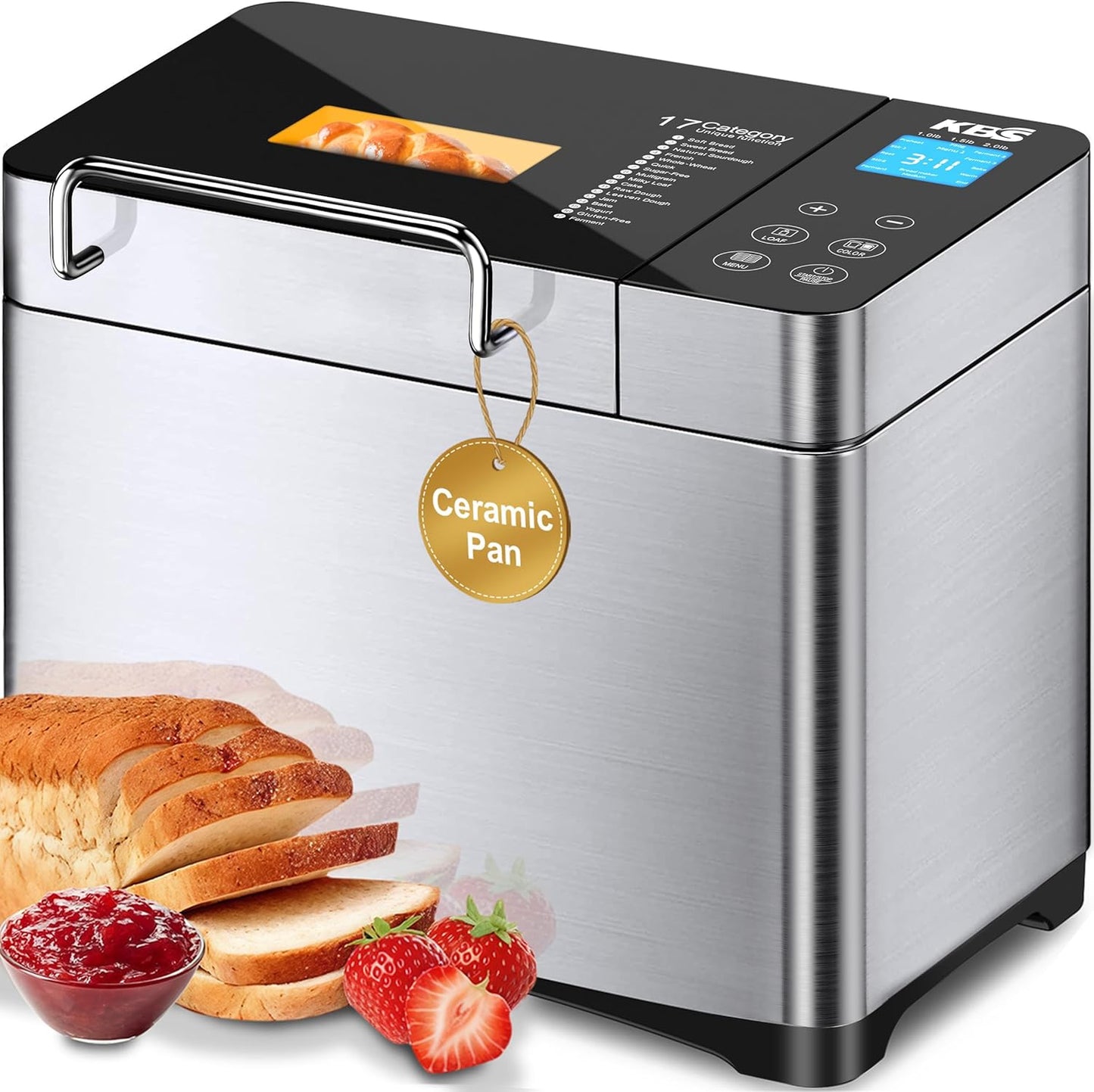 KBS Large 17-in-1 Bread Machine, 2LB All Stainless Steel Bread Maker with Auto Fruit Nut Dispenser, Nonstick Ceramic Pan, Full Touch Panel Tempered Glass, Reserve& Keep Warm Set, Oven Mitt and Recipes