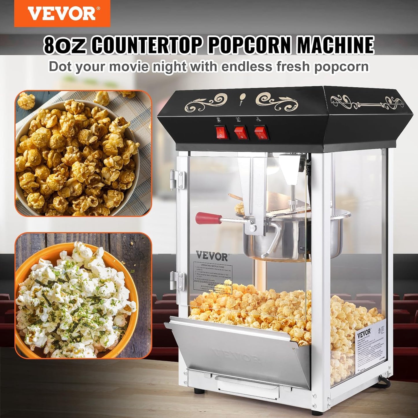 Popcorn Maker, 850W Popcorn Popper Machine, 8 Oz Kettle Makes 48 Cups per Batch, Countertop Popcorn Maker with Tempered Glass, Includes 4 Scoops, Movie Theater Style, Black