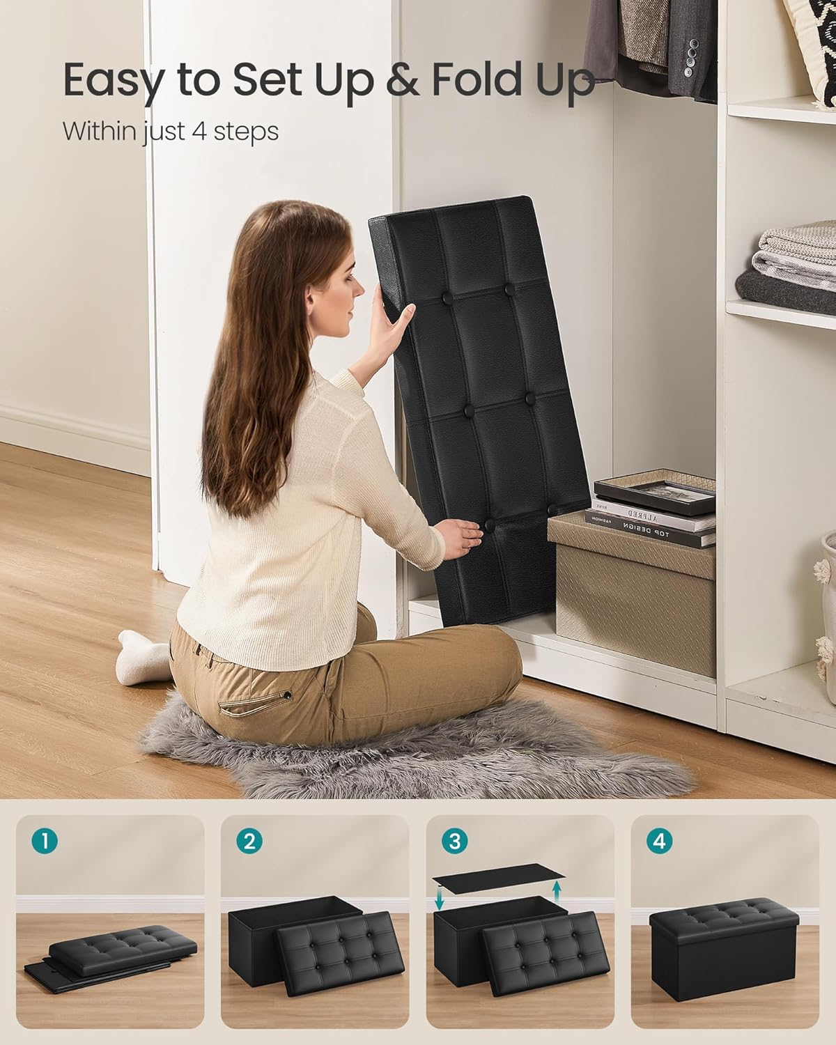 30 Inches Folding Storage Ottoman Bench, Faux Leather Storage Chest, Ottoman