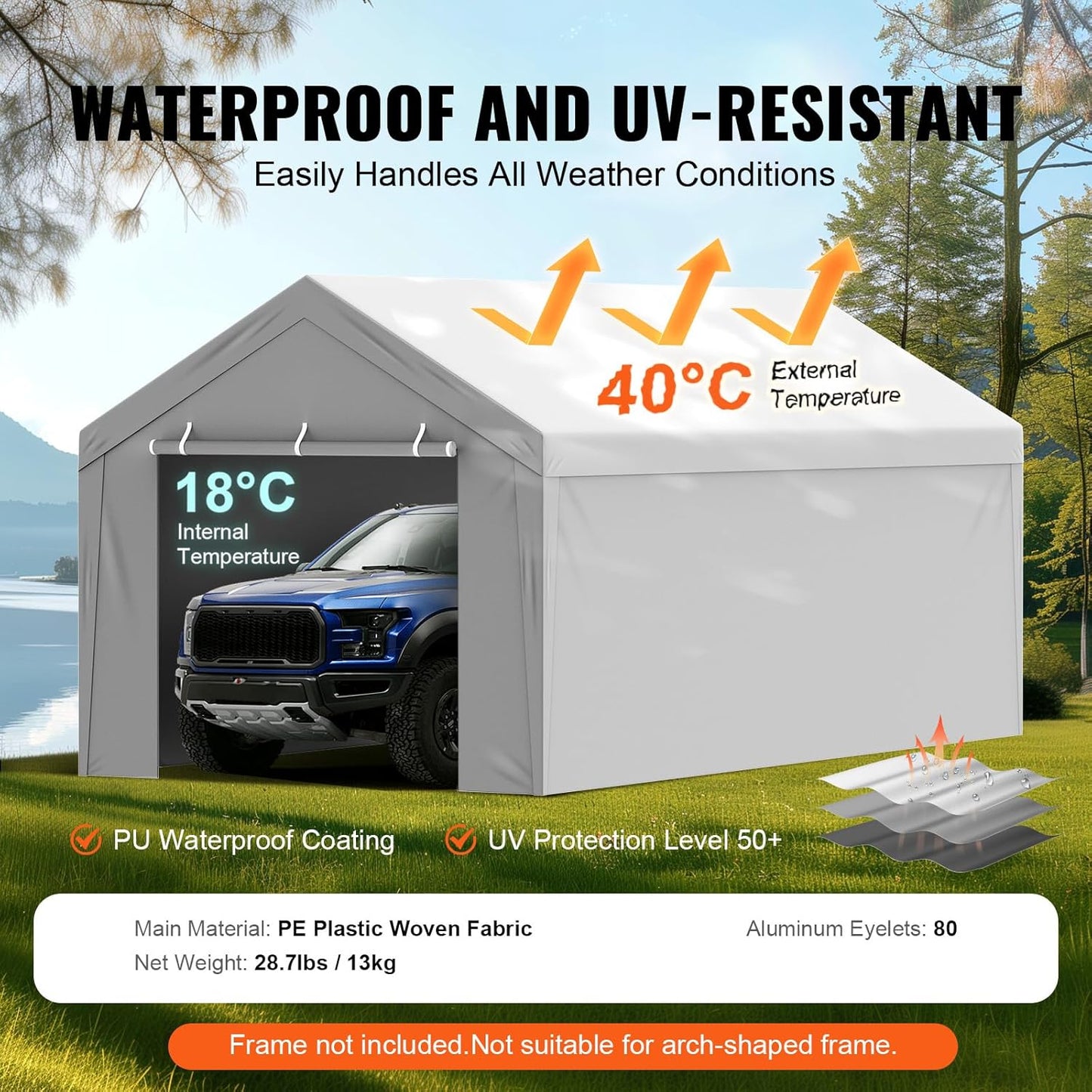 Carport Replacement Canopy Cover Top + Side Wall 10 x 20 ft, Garage Tent Shelter Tarp Heavy-Duty Waterproof & UV Protected, Easy Installation (Frame Not Included)