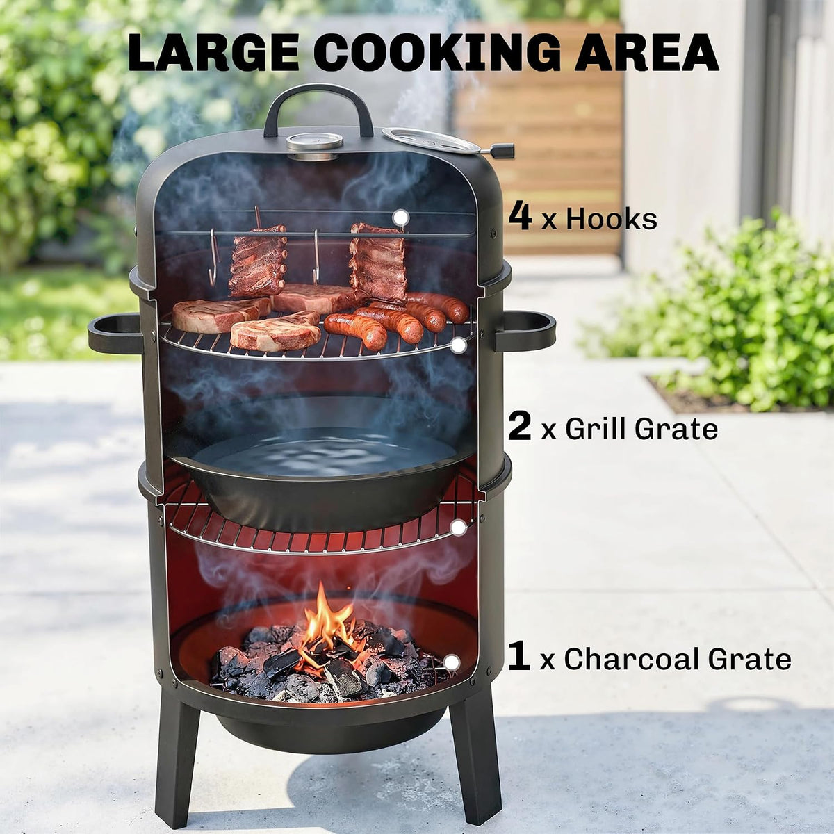 3-in-1 Vertical Charcoal Smoker, 2 Grill Grates, Adjustable Vent