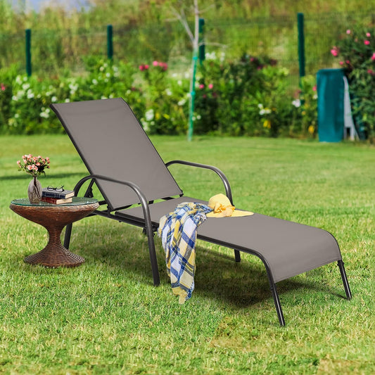 Outdoor Chaise Lounge Chair, All Weather Reclining Lounge Chair w/ 5 Adjustable Backrest Positions