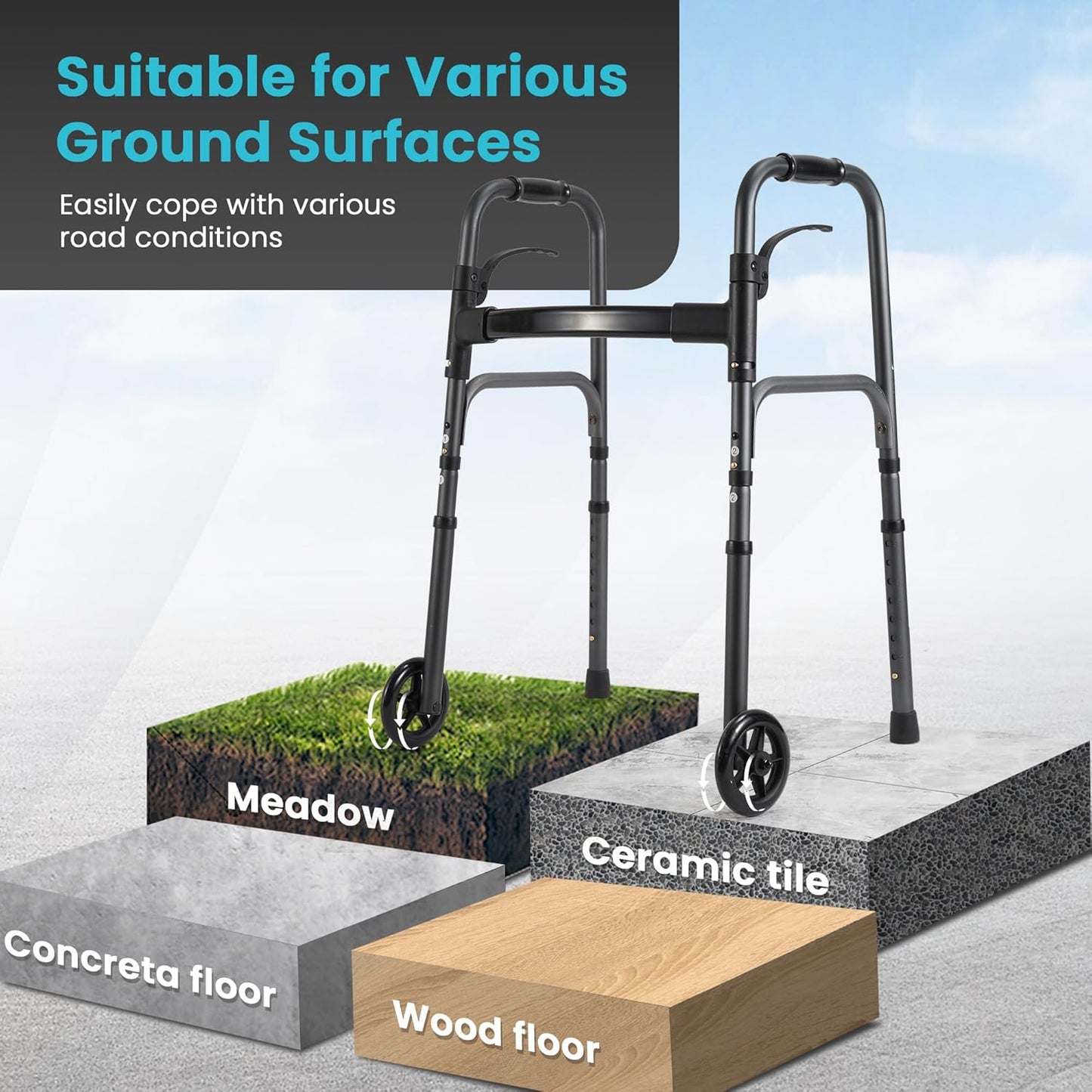 Lightweight Folding Walker 5" Fixed Wheels, Portable MedicaL