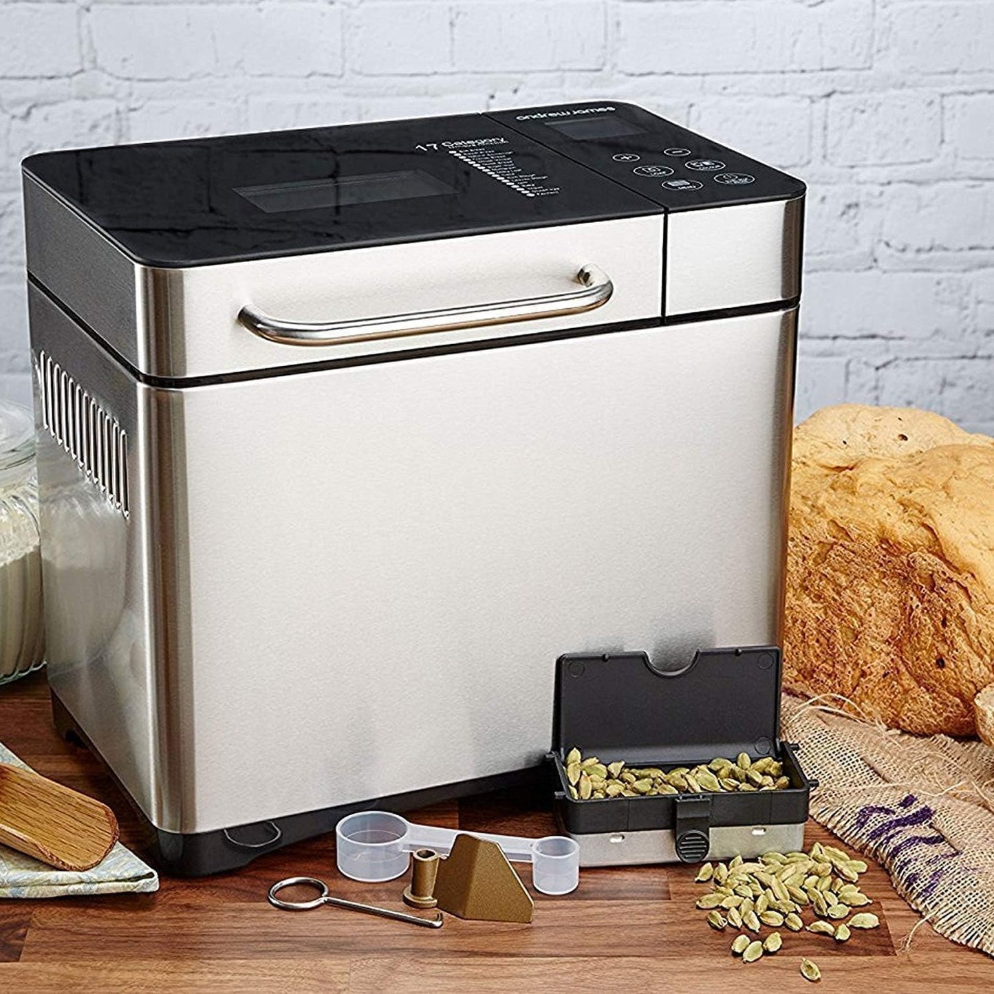 KBS Large 17-in-1 Bread Machine, 2LB All Stainless Steel Bread Maker with Auto Fruit Nut Dispenser, Nonstick Ceramic Pan, Full Touch Panel Tempered Glass, Reserve& Keep Warm Set, Oven Mitt and Recipes