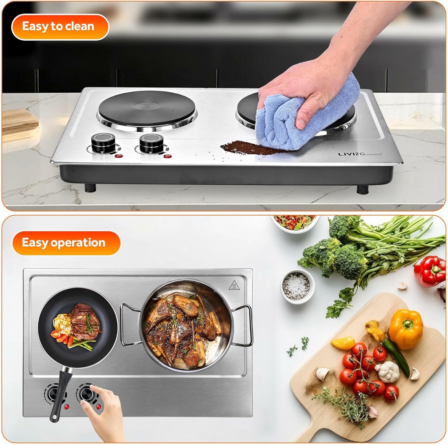 LIVINGbasics 1800W Double Hot Plate, Portable Electric Cooktop with Cast Iron Burners,Stainless Steel Countertop Burner, Dual 900W Heating, Compatible with All Cookware, Adjustable Temperature Control