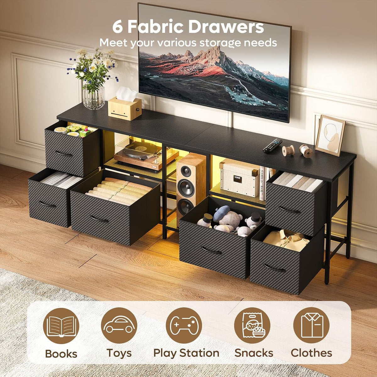 estier 63" TV Stand – Black Carbon Fiber (Fits 65–75" TVs)
