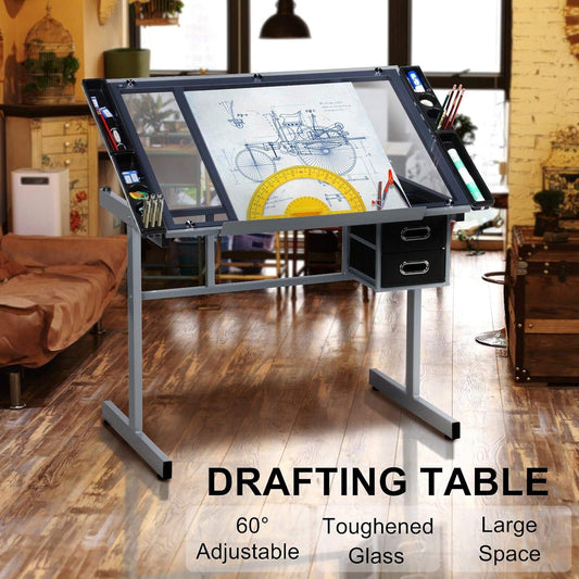 Adjustable Glass Drafting Table / Drawing Desk – Art & Craft Station w/ Wheels + Drawers
