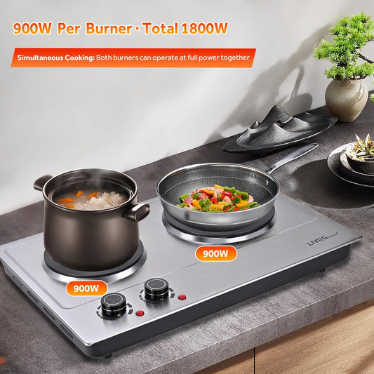 LIVINGbasics 1800W Double Hot Plate, Portable Electric Cooktop with Cast Iron Burners,Stainless Steel Countertop Burner, Dual 900W Heating, Compatible with All Cookware, Adjustable Temperature Control