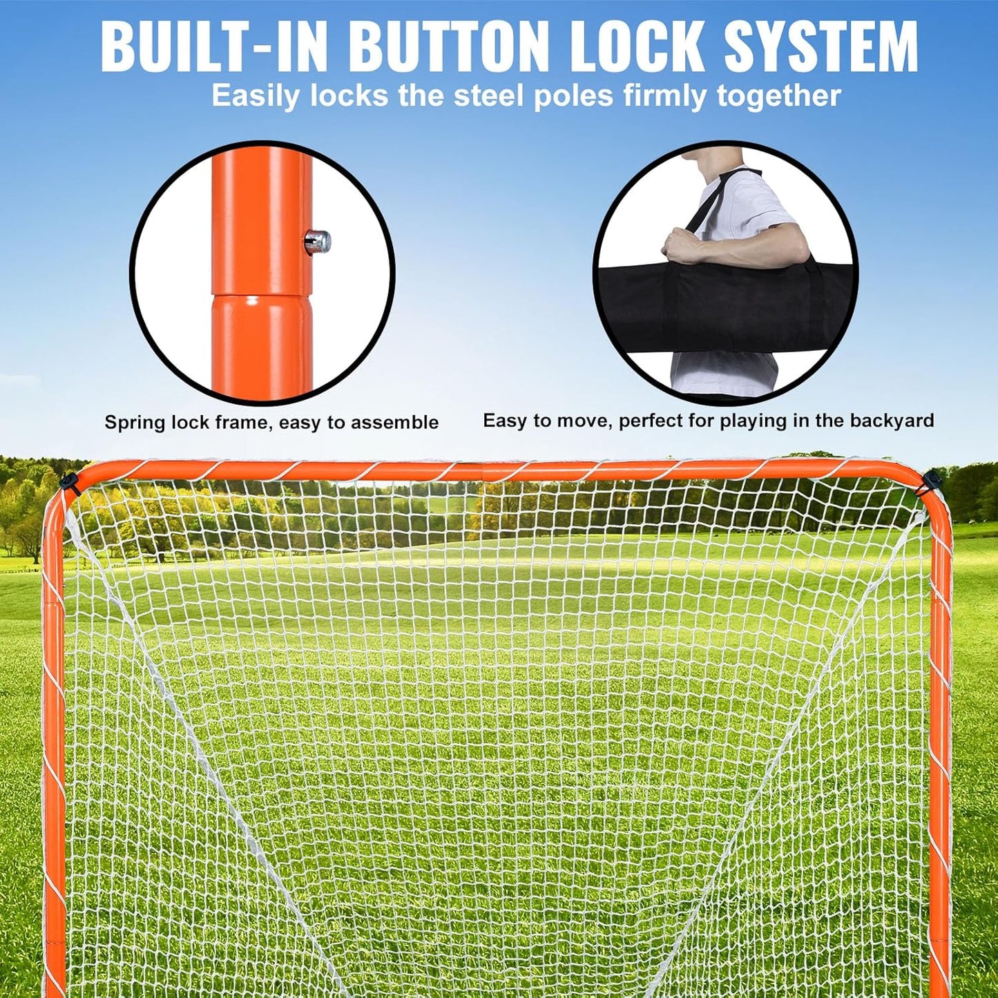 VEVOR Lacrosse Goal, 6' x 6' Modular Lacrosse Net, Steel Frame Backyard Lacrosse Training Equipment, Portable Lacrosse Goal with Carry Bag, Quick & Easy Setup, Perfect for Youth Adult Training, Orange