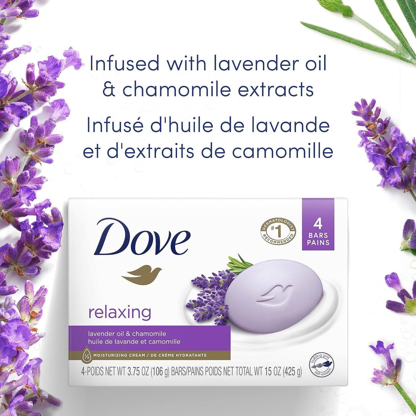 Dove Beauty Bar Soap with 1/4 Moisturizing Cream, Gentle Skin Cleanser, Relaxing Lavender Oil & Chamomile, 106 g, Pack of 4