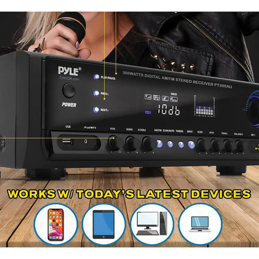 Pyle 300W 4-Channel Home Audio Power Amplifier - Stereo Receiver with USB/ RCA/ AUX/ 2 Mic Inputs w/ Echo/ LED/ EQ/ Digital Display/ Remote - For PA - iPhone - Karaoke - Home Entertainment - PT390AU