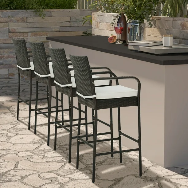 Gymax 4PCS Patio PE Wicker Bar Chairs Counter Height Barstools With Armrests & Cushions