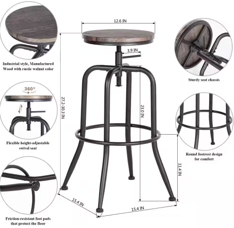 AMA 30 in. Walnut Wood Grain Backless Metal Frame Adjustable Height Bar Stool