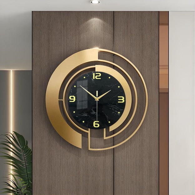 24" Luxury Gold & Black Metal Wall Clock – Marble Pattern
