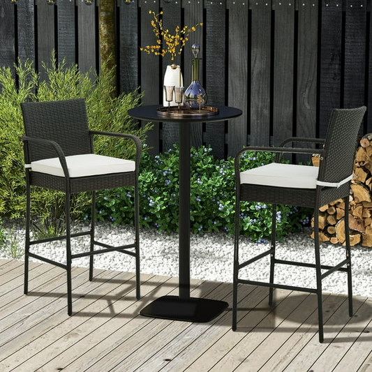 Gymax 4PCS Patio PE Wicker Bar Chairs Counter Height Barstools With Armrests & Cushions