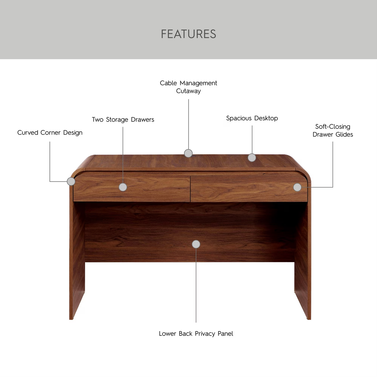 Juliet Curved Desk with Storage, Adults and Teens, Walnut Finish