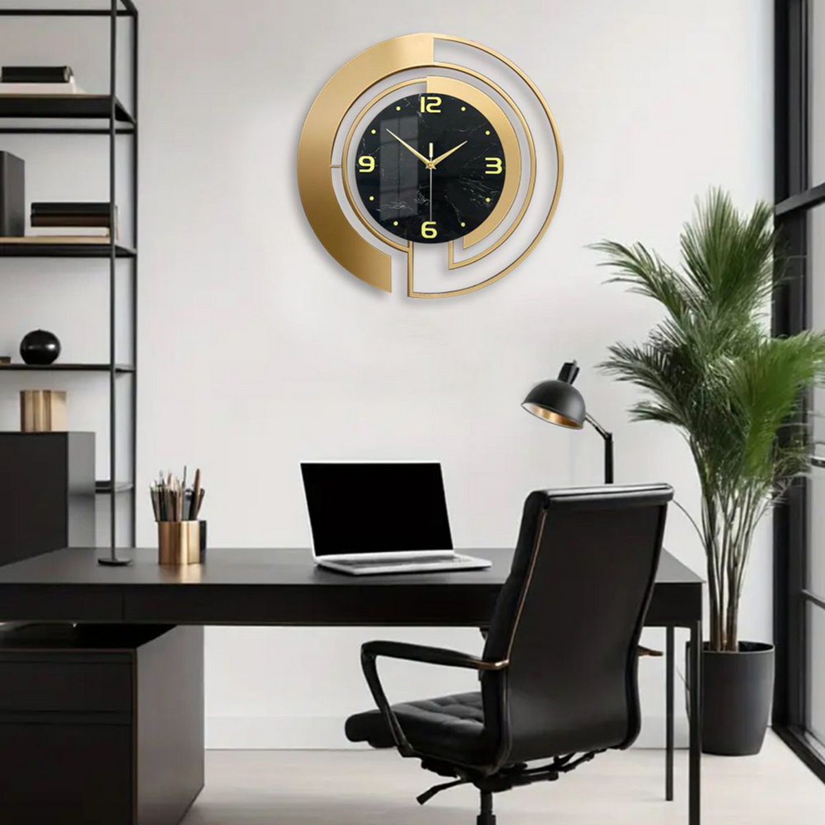 24" Luxury Gold & Black Metal Wall Clock – Marble Pattern