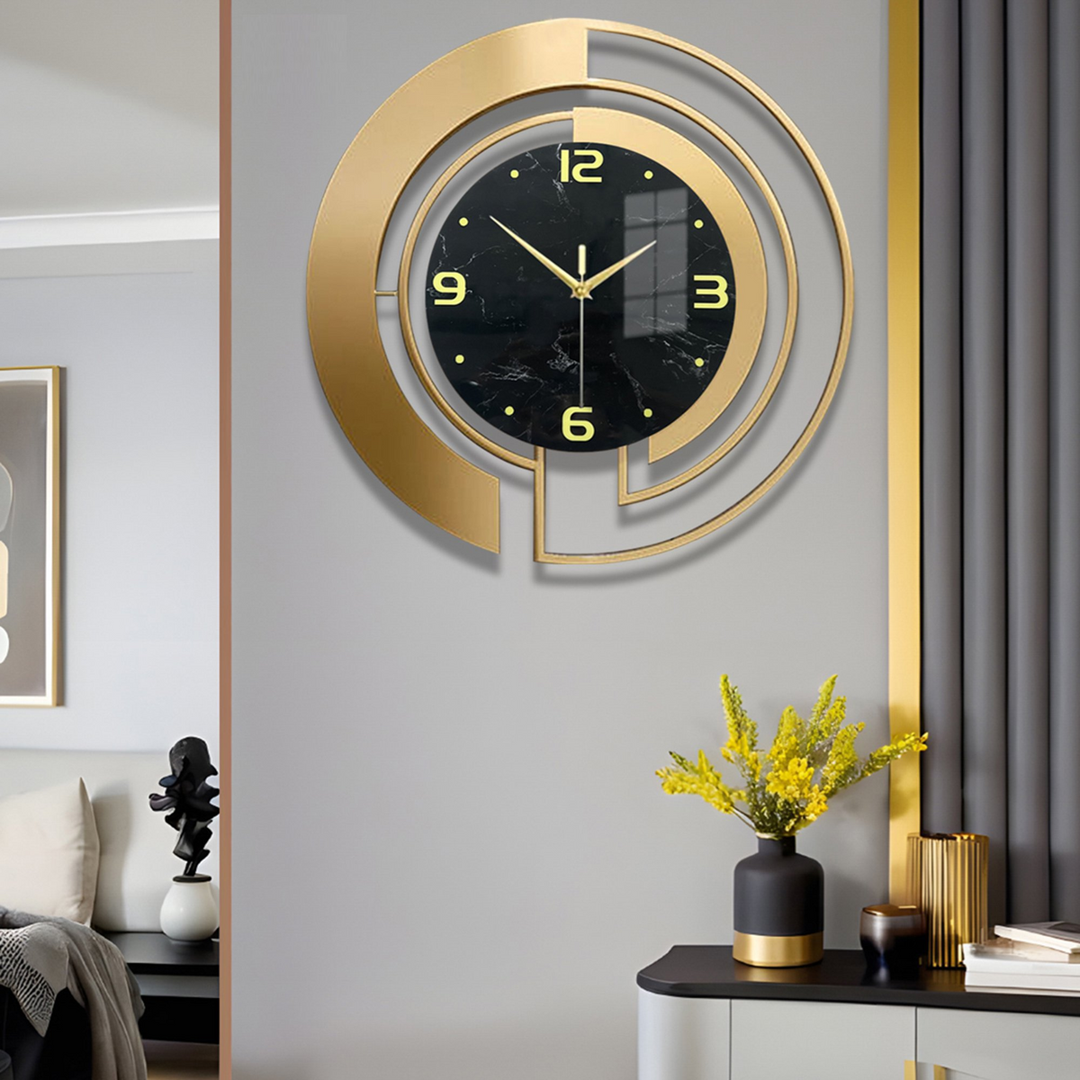 24" Luxury Gold & Black Metal Wall Clock – Marble Pattern