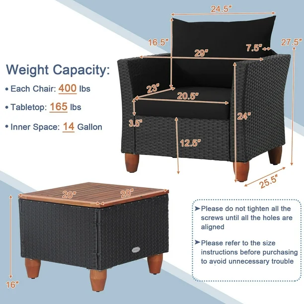 Gymax 3PCS Patio Rattan Conversation Furniture Set Yard Outdoor